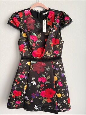 Alice + Olivia Black Floral Fit-and-Flare Dress with Bright Blooms NWT